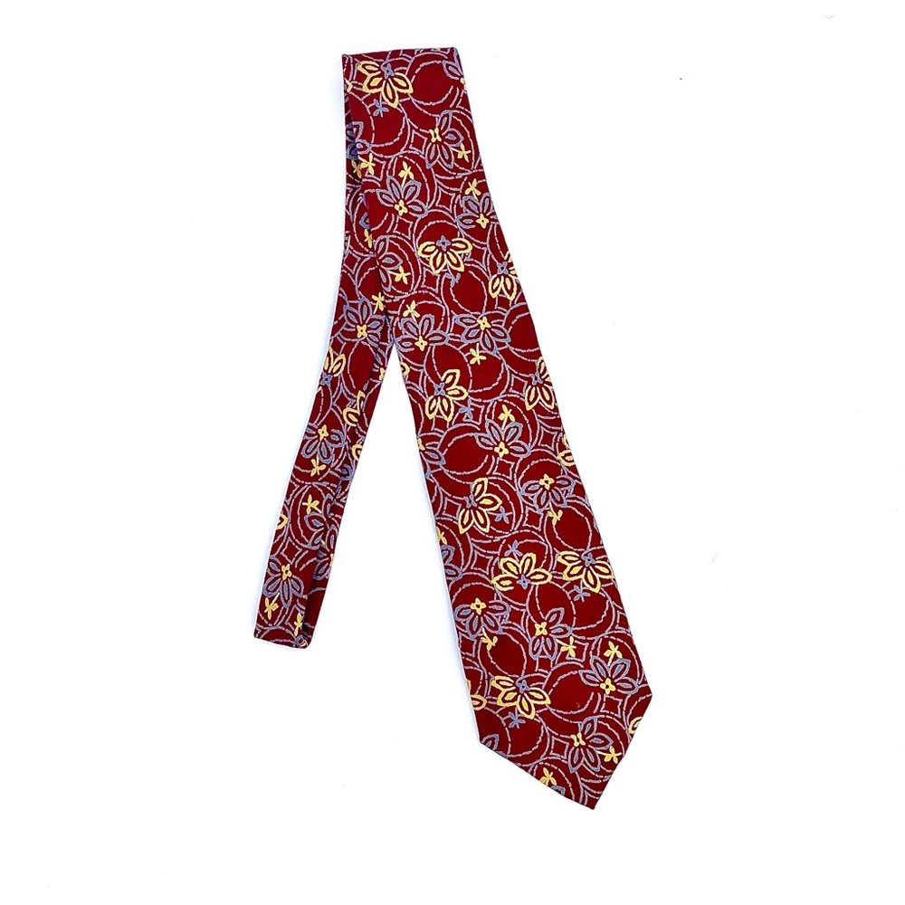 AUTHENTIC FENDI 100% Silk Tie Burgundy Blue Gray & Yellow Flowers Luxury…